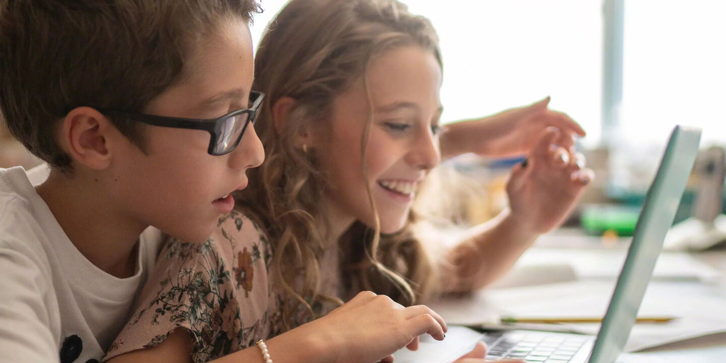 Siblings working on the computer