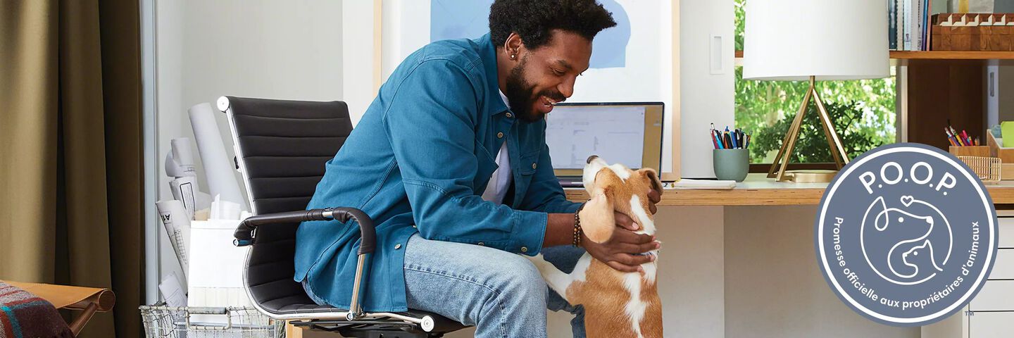 Homme avec un chien à l’ordinateur. Logo de la Promesse officielle aux propriétaires d’animaux