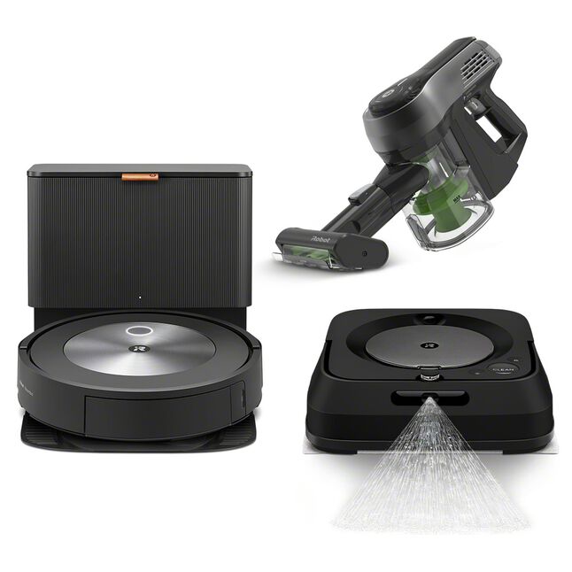 Ensemble robot aspirateur iRobot® Roomba® J7+, robot laveur Braava jet™ M6, et aspirateur portatif iRobot® H1
